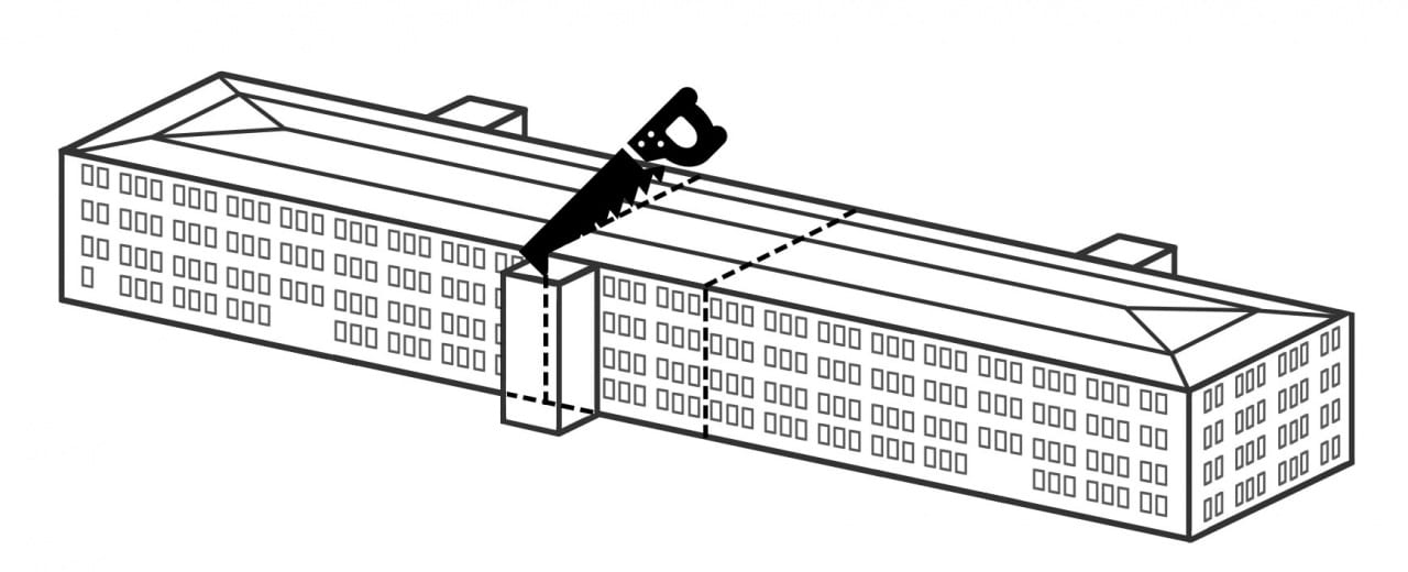 Illustration över hur Navets öppnas upp i mitten för att skapa ljusgården. Streckade linjer visar var öppningen kommer ske och en enorm såg sågar på ena linjen.