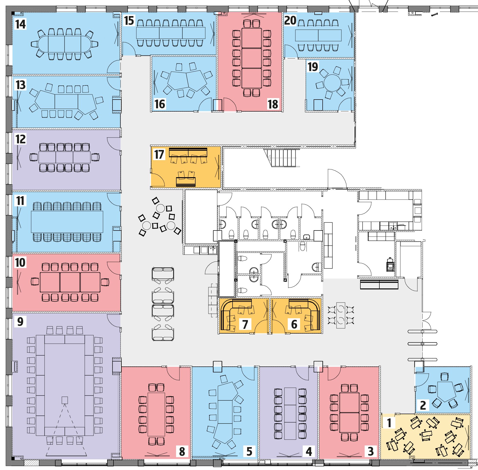Karta över konferensens möblering, med rumsnummer och färgkodning.